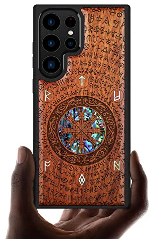 Carveit Designer Wooden Case for Samsung Galaxy S23 Ultra Case Cover [Wood Engraving & Shell Inlay] Unique Wood Phone Case Compatible with Wireless Chargers Galaxy S23 Ultra Case (Viking-Red Wood)
