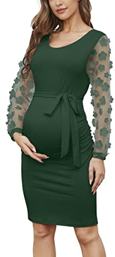 LAHILO Floral Mesh Bishop Long Sleeve Maternity Midi Dress, Fall Maternity Bodycon Dress for Baby Shower/Wedding Guest/Photoshoot, Dark Green, L