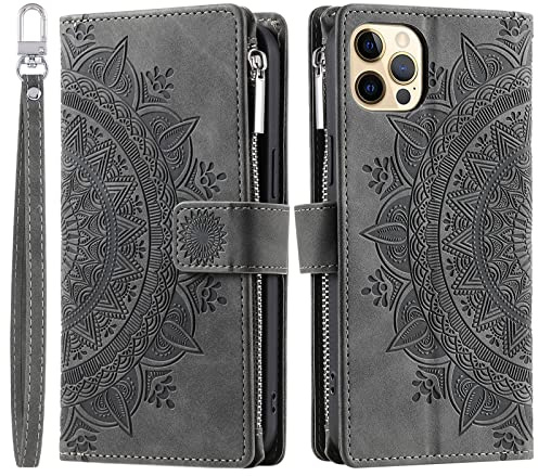 VEEMOS Handyhülle für iPhone 12/12 Pro hülle Klappbar Blumen Handytasche Schutzhülle Klapphülle mit Kartenfach Handy Tasche Book Cover Flip Case Ständer - Grau