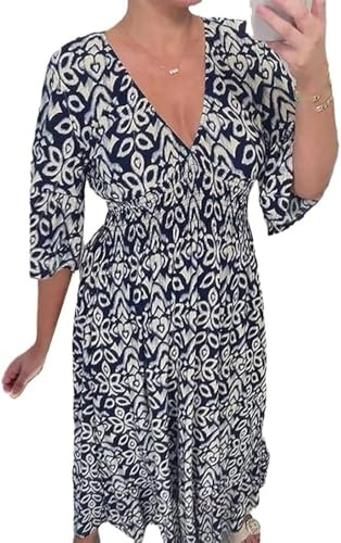 GuyAna V-Neck Floral Dress,Women's Plus-Size Super Fairy V-Neck Floral Dress Beach Holiday Beach Skirt Long Skirt (Cyan,3XL)
