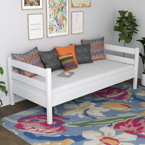N-wood N01 Bett 90x190 cm aus Holz, Sofabett, Bettgestel mit lattenrost, Einzelbett für Kinder, Jugendliche und Erwachsene, sichere abgerundete Kanten, Stabile Massivholzkonstruktion, Weiß