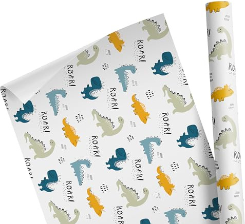 Geschenkpapier Kinder – Motiv: Dinosaurier, blau – für Geschenke zum Geburtstag oder zu Weihnachten – Geschenkpapier für Mädchen und Jungen – Rolle: 47 cm breit, 3 m lang - Geschenkverpackung