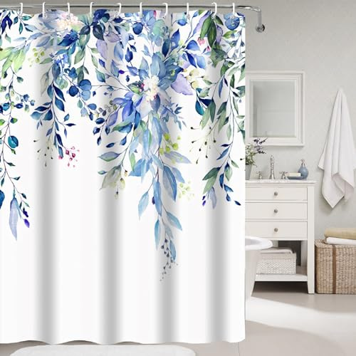Duschvorhang Blau Textil Anti-schimmel Wasserdicht mit 12 Haken 200x240 cm | Waschbar Duschvorhänge Shower Curtains für Badezimmer, Maschinenwaschbar, Schnell Trocknend Blaue Pflanzen