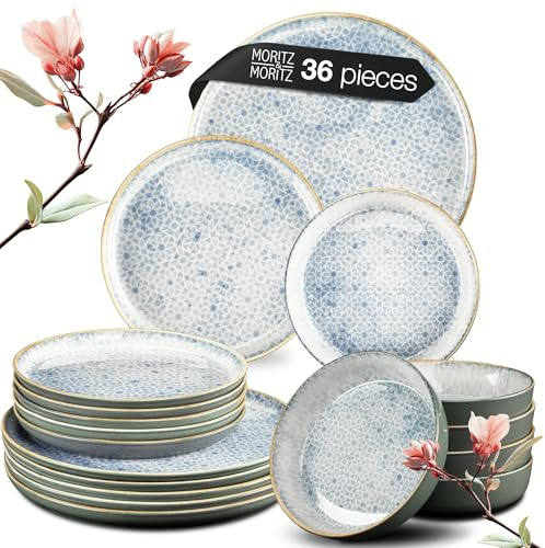 Moritz & Moritz TERRA 36-tlg Geschirrset 12 Personen - Teller Set in strahlendem Azurblau aus hochwertigem Porzellan - Geschirr Set 12 Personen aus je 12x Speiseteller, Dessertteller und Schalen