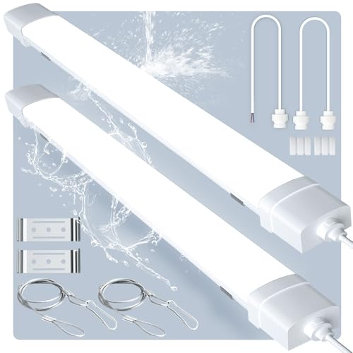 papasbox 2 Stück LED Feuchtraumleuchte 120cm | Leuchtstoffröhre 40W Röhre LED Werkstatt Deckenleuchte Lampe | 6500K Kaltweiß IP65 Wasserdicht Leuchtstofflampe für Keller Werkstatt Garage Küche