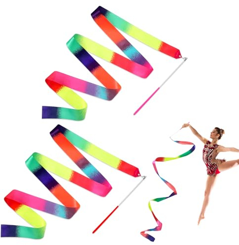 Molain 2 Pcs Dance Ribbons 78.7 Inch Sparkling Gymnastic Ribbons with Twirling Rod Ribbon Sticks Glitter Dancing Streamers Gymnastics Equipment for Talent Shows, Gym, Training, Circus, Dance(Rainbow)