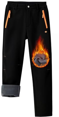 MoFiz Kinder Arbeitshose Softshellhose Kinder Skihose Thermohose Jungen Mädchen Weich mit Reißverschluss Tasche Schwarz-B 164-176
