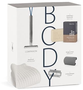 MÜHLE Body Geschenkset 14 tlg. - unisex Sicherheitsrasierer mit blauer Kordel, 10 Klingen, Körperseife, Tuch - vegan, nachhaltig | Körperrasur-Set, Rasierhobel mit extra langem Griff, 10 Klingen, feste Körperseife, Tuch, für Damen und Herren