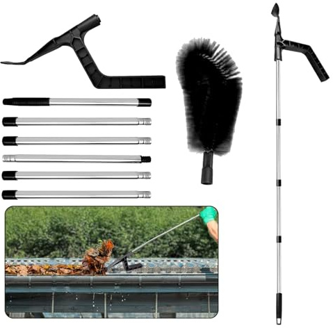 MINICIRCLES Telescopic Gutter Cleaning Tools 2-in-1 Gutter Cleaner 4-8-Section Pole with Detachable Brush and Shovel for Cleaning Leaves Debris Spider Webs from Roofs (6 Poles)