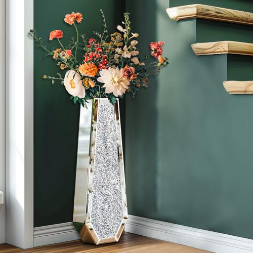 Tall Vases Floor Standing Mirrored : 68 cm Height Luxury Crushed Diamond Floor Vase Crystal Silver Glass for Holding Dried Pampas Flowers Plant Home Art Decor Living Room