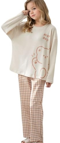 MINTLIMIT Pyjama Set für Mädchen 10-16 Jahre Druck Lange Ärmel Casual Nachtwäsche Baumwolle Loungewear Set Tops Hosen Geschenk für Mädchen