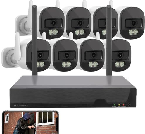 VisorTech Überwachungs-Kameras: Plug-&-Play-Überwachungssystem mit 8 Kameras & WLAN 6, hohe Reichweite (Outdoor-Überwachungskamera-Sets, Funk-Kamera mit Bildschirm, Videorecorder)