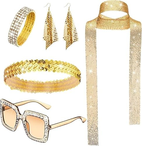 boocooberg 6 Stück 80er 70er Jahre Outfit Damen,Glitzer Damen Disco Gold Ohrringe Brille Armband Stirnband,70er 80er Jahre Disco Party Zubehör Damenbekleidung Party Gadgets (Style 1)
