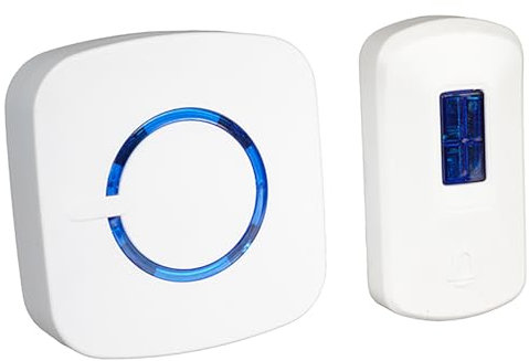 Battery Powered Wireless Doorbell & Water-Resistant Receiver with 100m Range, LED Flash & 36 Melodies – White & Blue Wireless Cordless Loud Door Chime Set for Home or Office
