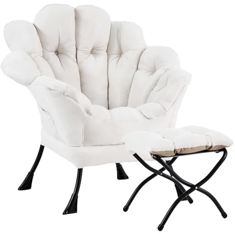 SESHINELL Blütenförmiger Relaxsessel mit Hocker, Loungesessel mit Metallrahmen, Lesesessel für Wohnzimmer, Schlafzimmer, Ankleidezimmer, Beige