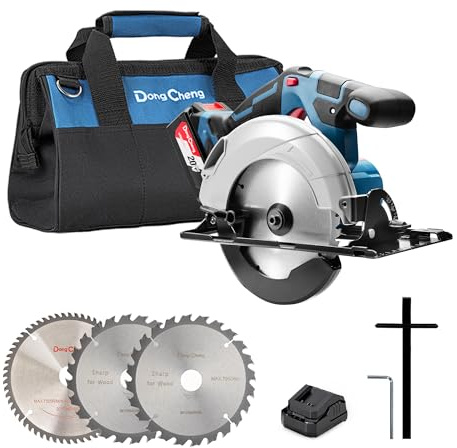 Dong Cheng 20V Max Circular Saw 165mm Cordless Circular Saw with Dust Collection Adaptor and Guide, 24T & 40T TCT Blade Included, Battery and Charger Kit (4.0Ah)