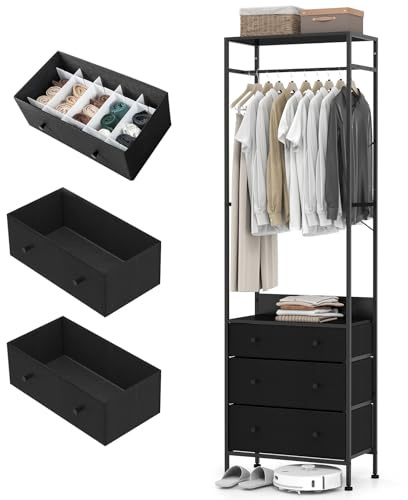 HOMASIS Kleiderständer mit 3 Schubladen & Ablage, offener Garderobenständer aus Holz & Metall, Freistehende Garderobe mit Kleiderstange für Schlafzimmer, Wohnzimmer & Flur, 55x28x176cm (Schwarz)