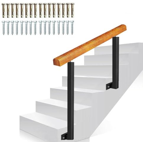 Pasamanos de exterior para escaleras, barandilla de madera ajustable y barandilla de hierro forjado, perfecto para porche y escalones exteriores