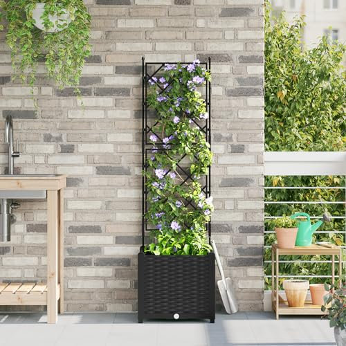 HaoChrymec Pflanzkasten mit Rankgitter Schwarz, quadratisch, aus synthetischem Kunststoff, für Balkon und Garten, Pflanzkübel mit Spalier, 40x40x143 cm