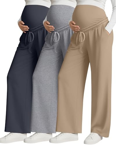 Huukeay 3 Pack Women's Maternity Pants Over The Belly Drawstring Pregnancy Pants Stretchy Lounge Trousers with Pockets(Charcoal Gray, Light Gray, Khaki,XX-Large)