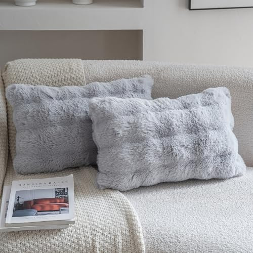 Neelvin 2er Set Decorative Kissenbezug Superweichen Plüsch Kurze Wolle Kissenhülle Luxus Zierkissenbezüge Sofakissen für Sofa Wohnzimmer Schlafzimmer 30x50cm Hellgrau