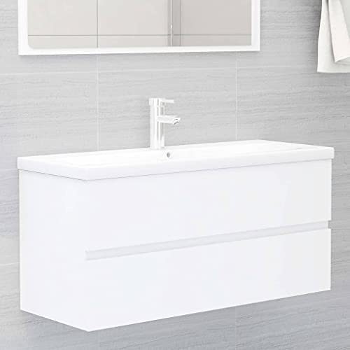 Massbinet Badezimmermöbel Set Unterschrank mit Keramikwaschbecken Spiegelschrank Hochscrank Weiß 100 x 38.5 x 45 cm Mit Wasserhahn & Abfluss