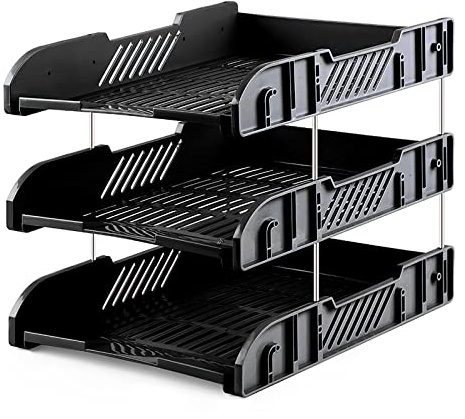 Elezeal A4 File Tray Organizer - 3-Tier Sturdy Metal Frame with Detachable Design, Stackable Document Holder, Plastic Desk File Holder with Large Capacity for Office, Home, and School Use