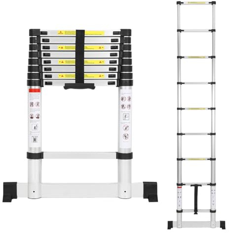 Eikuavons Teleskopleiter, 2.6M Aluminium Ausziehbare Leiter mit Stabilisator, Belastung 150kg, Rutschfester Aluleiter Stehleiter Mehrzweckleiter für Dachboden Büro Wohnmobil Klettern