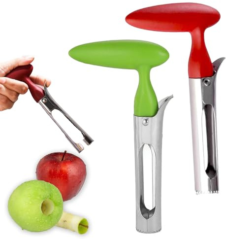 Rostfritt stål äppelhållare, 2 st skärare med ergonomiskt handtag tandat blad för enkel kärnborttagning idealisk för äpplen päron frukt matlagning bakning snacks köksanvändning