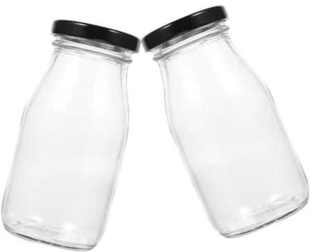 UTHCLO Botellas de Vidrio para Leche 200 Ml con Tapa Metálica Hermética, Set 2 Piezas, Recipientes Reutilizables para Yogur, Jugos y Bebidas Refrescantes, Botellas Vacías