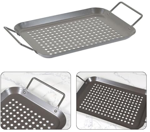 Homeponnew Antihaft-Grillpfannen-Set für Gemüse, Fisch und Garnelen - Rundes Bratblech mit 430 Edelstahlgriff, Karbonstahl-Konstruktion, kompatibel mit Gaskohlegrill