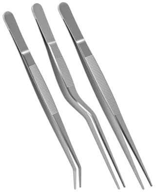 3 Piece Chef Tweezers Set 420 Stainless Steel Straight Curved for Plating | Precision fine tips for garnishing, seafood prep and baking; ergonomic grip; rust-resistant build for daily kitchen use