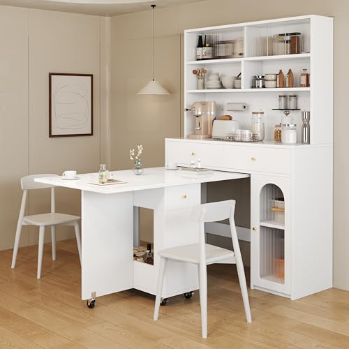 YuQozii Küchenschrank Set mit Klappbarem Esstisch und Bartisch, Mobiler Esstisch auf Rollen, Hochschrank mit Stauraum, Möbel Set für Küche, Esszimmer und Wohnzimmer, Weiß