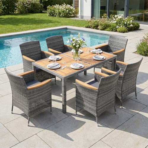 STEELSØN Fawaris Polyrattan Sitzgruppe Outdoor 7-TLG. - Gartentisch mit 6X Gartenstuhl und Kissen – Gartenmöbel Set aus Akazienholz – Gartengarnitur Outdoor wetterfest Garten/Terrasse/Balkon - grau