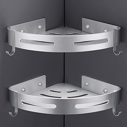 Hoomtaook Eck-Duschregal, ohne Bohren, Aufbewahrung, Badezimmer, Duschzubehör, Halterung für Seife, Dusche, kein Rost, aus Aluminium, 2 Stück, silberfarben, mit Haken