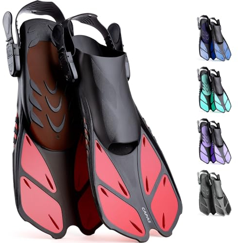 CAPAS Schnorchelflossen, Schwimmflossen Reisegröße Kurz Einstellbar zum Schnorcheln Tauchen Erwachsene Männer Frauen Kinder Offene Ferse Tauchflossen (Rot, L/XL)
