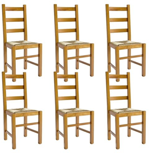 AltoBuy ORTA - Lot de 6 Chaises Teinté Chêne et Assises en Paille