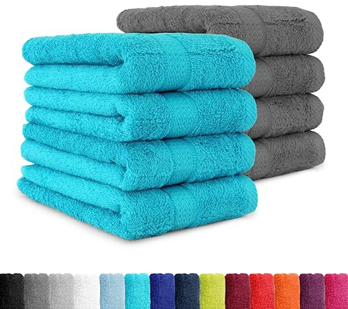 BaSaTex Frottee Handtuch, 8er Pack, 50x100 cm, Anthrazit Türkis | 100% Baumwolle, Öko-Tex Made in Green, Aufhängeschlaufe, 500gm², langlebig & saugstark