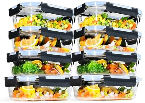 LNWSN Ensemble de récipients de stockage des aliments, 8 récipients de stockage en verre de 21.64 oz,réutilisables à quatre côtés à clipser, parfaits pour les pique-niqueurs en plein air