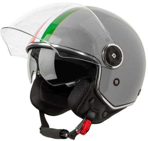 VINZ Neiva Jethelm mit Doppelvisier | Roller Helm mit Italienische Flagge & mit Sonnenblende | In Gr. XS-XXL | ECE 22.06 Zertifiziert | Motorradhelm mit Visier | Viele Farben Erhältlich - Grau