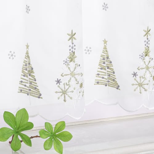Yujiao Mao Festliche Scheibengardine Weiß mit Eleganten Goldenen Weihnachtsbäumen Halbtransparent Voile Bistrogardine für Winterliche Fensterdekoration 1 Stück, Gold HxB 45x120cm