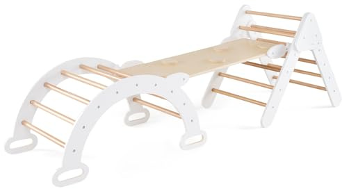 COSTWAY 7 en 1 Triangle d'escalade Montessori Enfants avec Rampe Double Face, Arc d'escalade Montessori en Bois Hêtre, Charge Max 50KG pour Grimper pour Bébé de 1 an+ (Blanc)