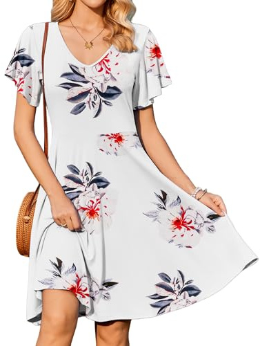Zeagoo Vestido Verano Mujer Manga Corta Vestido de Playa Cuello en V Ligero Vestidos Informal Midi Vestido Holgado Vestido Línea A con Bolsillos