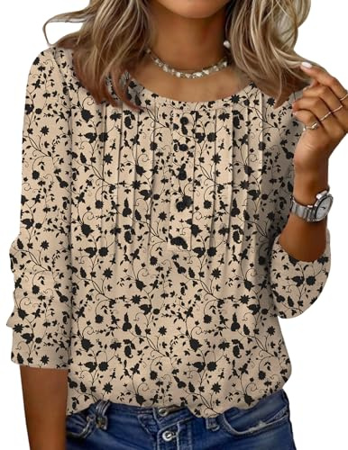 Zeagoo Blouse 3/4 Sleeve Women Summer Tops for Seniors Women's Tops Floral Print Crew Neck T-Shirt Casual Summer Spring Top Business Cute Work Blouse Beige