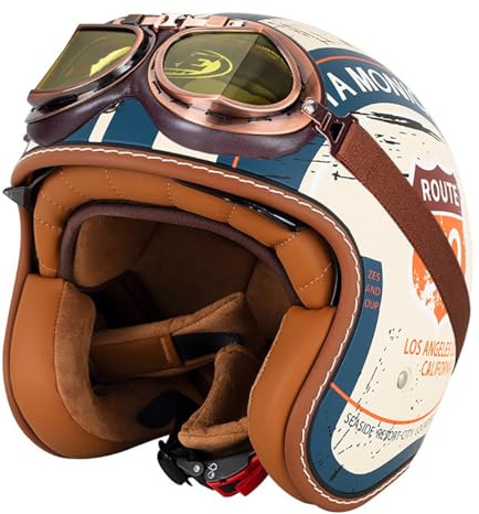 EBAYIN Retro Demi Jet Casco Moto Vintage - Scooter Ciotola Omologato ECE, Protezione per Uomini e Donne, Ciclomotore con Occhiali (C,S=55~56cm)