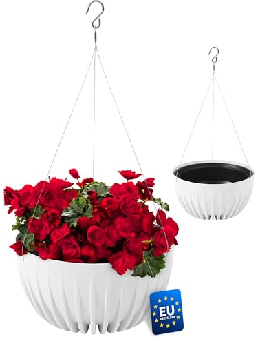 KONZEPT Blumenampel hängend für außen mit Haken & Drahtseil – Hängetopf aus 100 % recyceltem Material in Weiß, wetterfest, mit Ablauföffnung, für Balkon, Garten & Innenbereich
