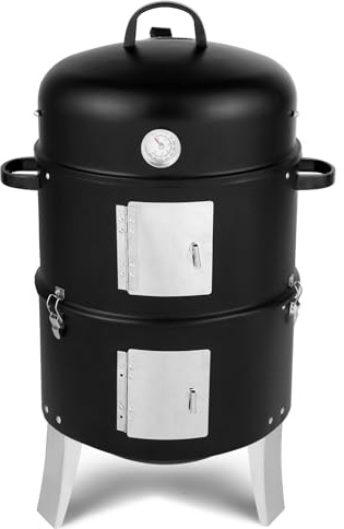 Bonnlo Charcoal BBQ Smoker Grill, 3-in-1 Heavy Duty Barbecue Smoker with Lid, Adjustable Vent, Integrated Thermometer for Outdoor Camping Party, Black