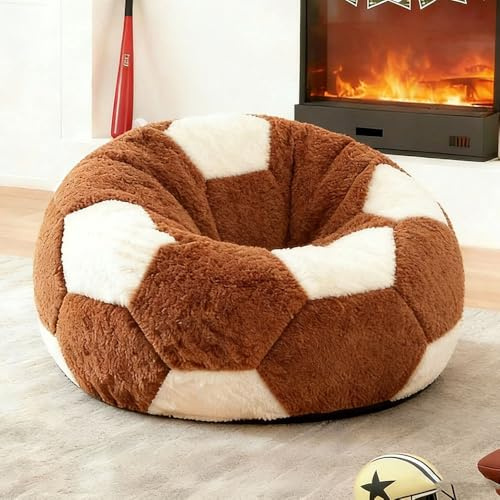 Sports Basketball Football Bean Bag Chair No Filler - Giant Bean Bag Chairs for Adults - Rugby Basebal Bean Bag Cover Sofa Couch(Footabll,D80cm-empty Cover)