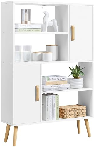Yaheetech Libreria a 4 Ripiani Aperti e 2 Ante, Scaffale Porta Libri Multi-Livello, Organizzatore Portaoggetti, Mobiletto Autoportante Moderno per Casa Ufficio e Soggiorno, 80×23,5×120,5 cm Bianco
