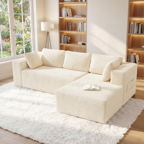 Xbro Ecksofa L-Form modular, Montagefrei Cord Couch 3-Sitzer, Flexibel kombinierbar mit Kissen & Seitentaschen, Für Wohnzimmer und Schlafzimmer, 250 x 136 x 40 cm, Beige
